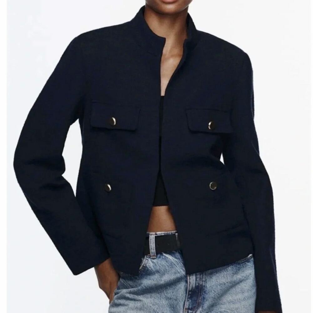 Zara Navy Cotton Textured High Collar Blazer Jacket Size S - Picture 2 of 5